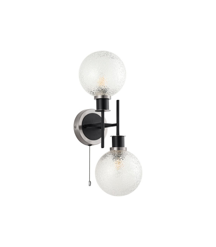 Plattsburgh Switched Wall Light 2 Light E14 IP44 15cm Round Dimpled Glass Shade Satin Nickel Clear & Satin Black-4