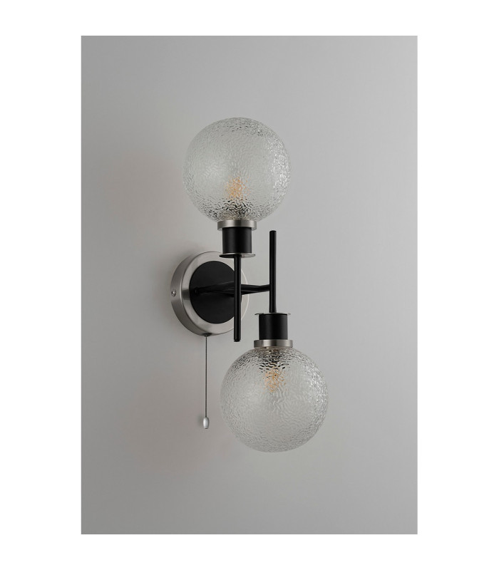 Plattsburgh Switched Wall Light 2 Light E14 IP44 15cm Round Dimpled Glass Shade Satin Nickel Clear & Satin Black-7