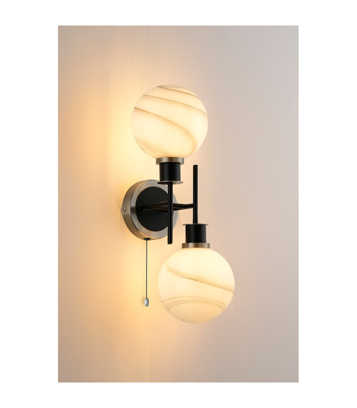 Plattsburgh Switched Wall Light Twin E14 IP44 15cm Round White & Grey Marble Effect Glass Shade Satin Nickel & Satin Black-3
