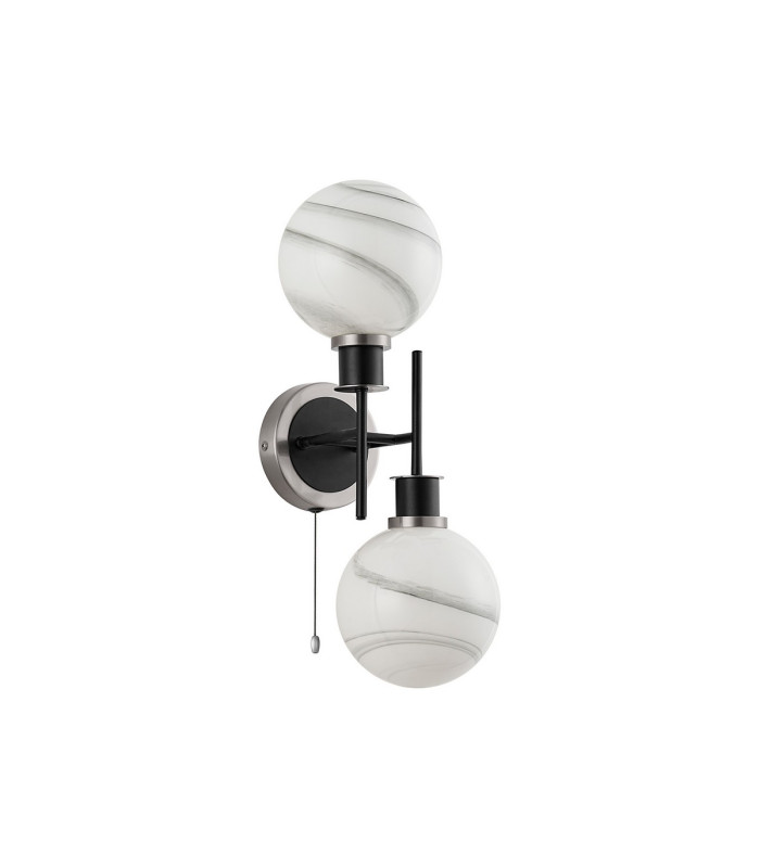 Plattsburgh Switched Wall Light Twin E14 IP44 15cm Round White & Grey Marble Effect Glass Shade Satin Nickel & Satin Black-4