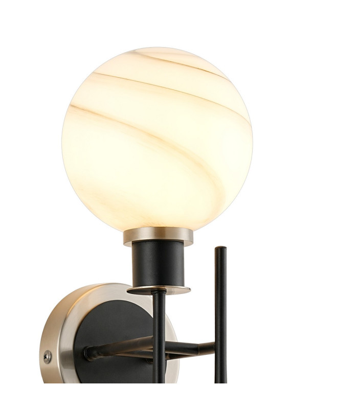 Plattsburgh Switched Wall Light Twin E14 IP44 15cm Round White & Grey Marble Effect Glass Shade Satin Nickel & Satin Black-5