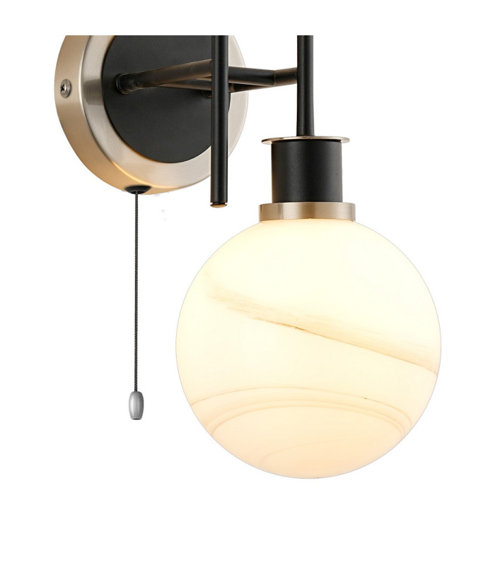 Plattsburgh Switched Wall Light Twin E14 IP44 15cm Round White & Grey Marble Effect Glass Shade Satin Nickel & Satin Black-6
