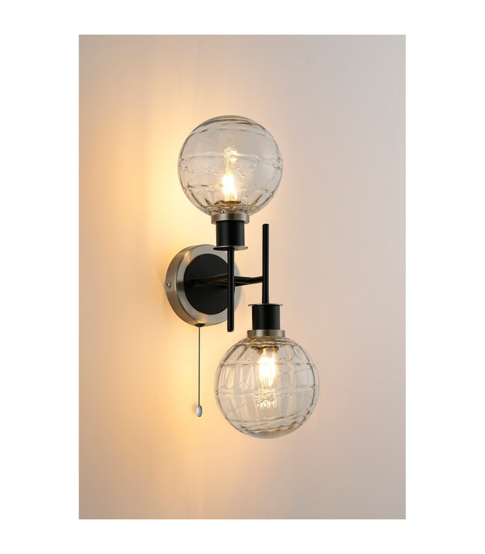 Plattsburgh Switched Wall Light Twin E14 IP44 15cm Round Textured Melting Glass Shade Satin Nickel Clear & Satin Black-3