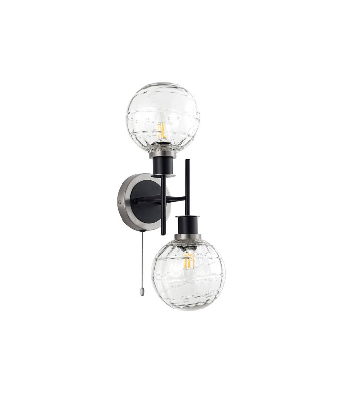 Plattsburgh Switched Wall Light Twin E14 IP44 15cm Round Textured Melting Glass Shade Satin Nickel Clear & Satin Black-4