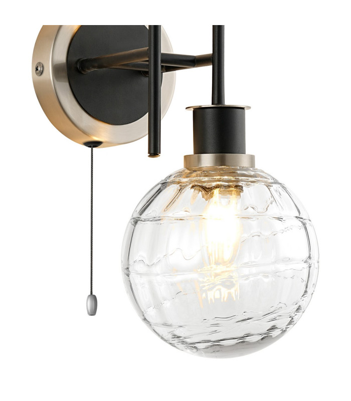 Plattsburgh Switched Wall Light Twin E14 IP44 15cm Round Textured Melting Glass Shade Satin Nickel Clear & Satin Black-6
