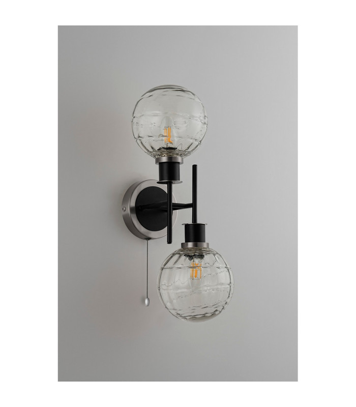 Plattsburgh Switched Wall Light Twin E14 IP44 15cm Round Textured Melting Glass Shade Satin Nickel Clear & Satin Black-7