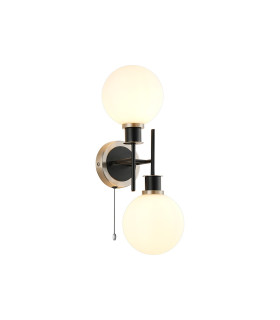 Plattsburgh Switched Wall Light 2 Light E14 IP44 15cm Round Glass Shade Satin Nickel Opal & Satin Black-1