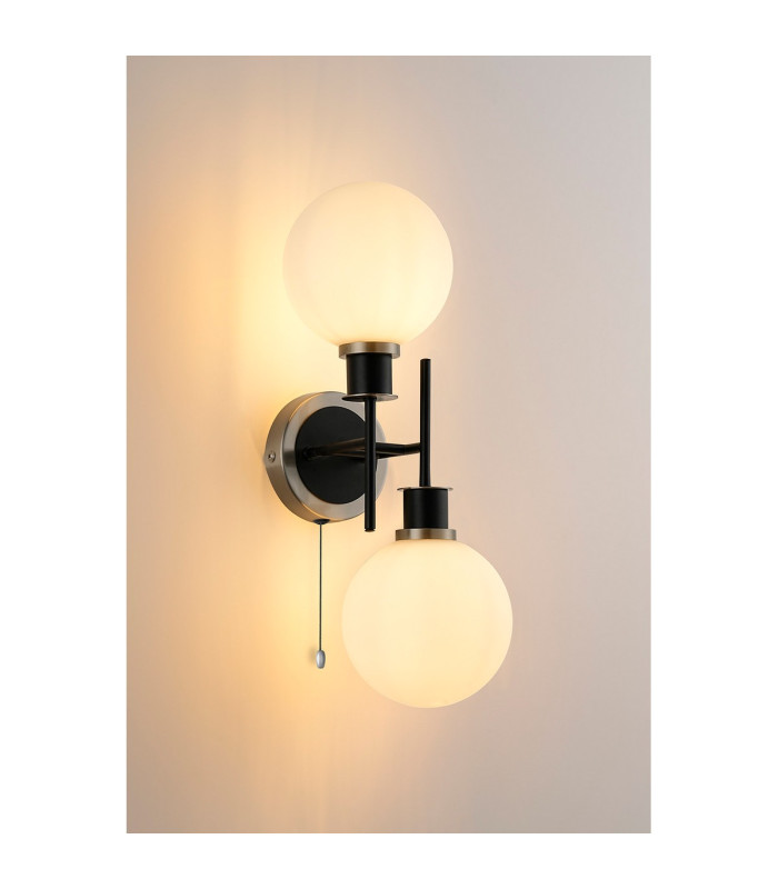 Plattsburgh Switched Wall Light 2 Light E14 IP44 15cm Round Glass Shade Satin Nickel Opal & Satin Black-3