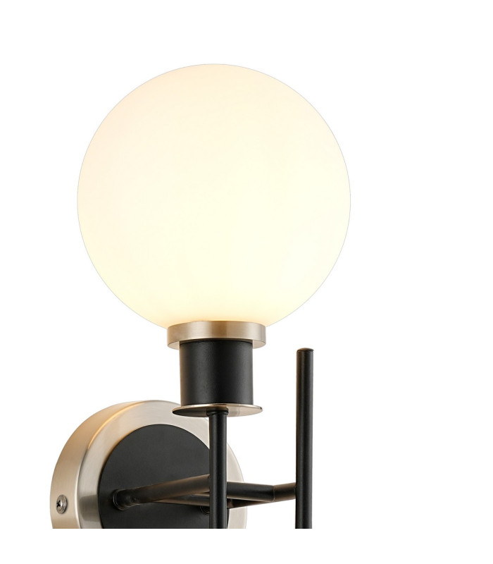 Plattsburgh Switched Wall Light 2 Light E14 IP44 15cm Round Glass Shade Satin Nickel Opal & Satin Black-5