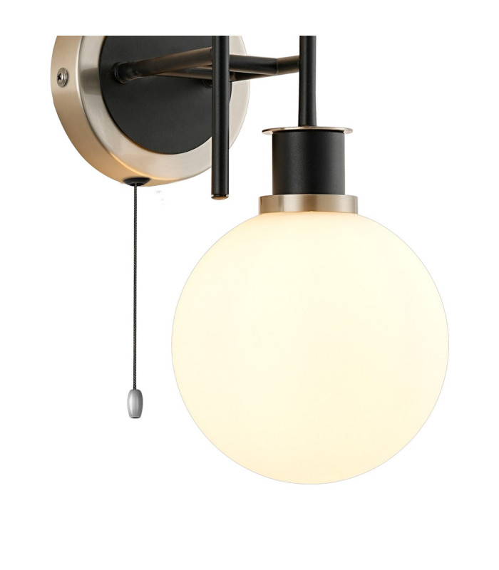 Plattsburgh Switched Wall Light 2 Light E14 IP44 15cm Round Glass Shade Satin Nickel Opal & Satin Black-6