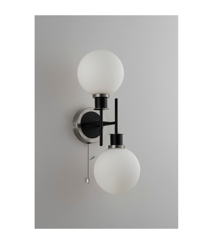 Plattsburgh Switched Wall Light 2 Light E14 IP44 15cm Round Glass Shade Satin Nickel Opal & Satin Black-7