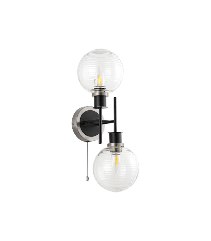 Plattsburgh Switched Wall Light 2 Light E14 IP44 15cm Round Ribbed Glass Shade Satin Nickel Clear & Satin Black-4