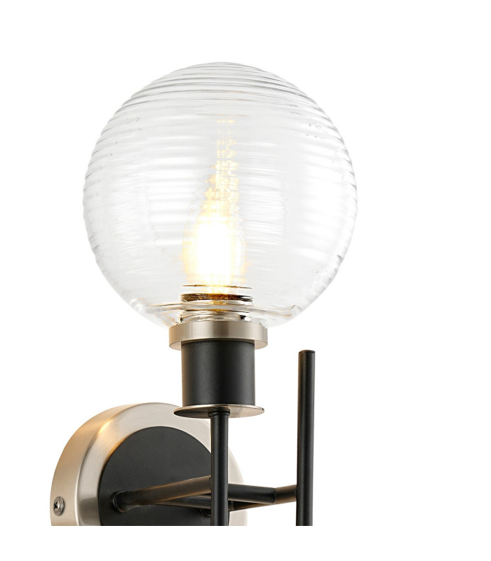 Plattsburgh Switched Wall Light 2 Light E14 IP44 15cm Round Ribbed Glass Shade Satin Nickel Clear & Satin Black-5