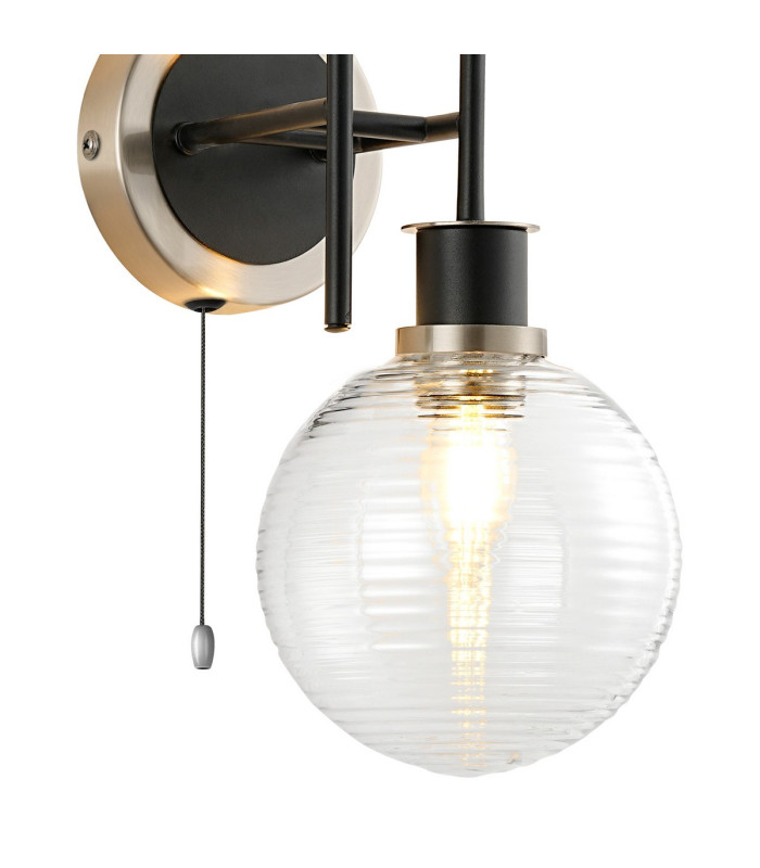 Plattsburgh Switched Wall Light 2 Light E14 IP44 15cm Round Ribbed Glass Shade Satin Nickel Clear & Satin Black-6