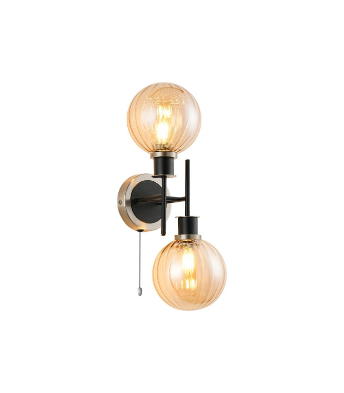 Plattsburgh Switched Wall Light 2 Light E14 IP44 15cm Round Segment Glass Shade Satin Nickel Amber Plated & Satin Black-1