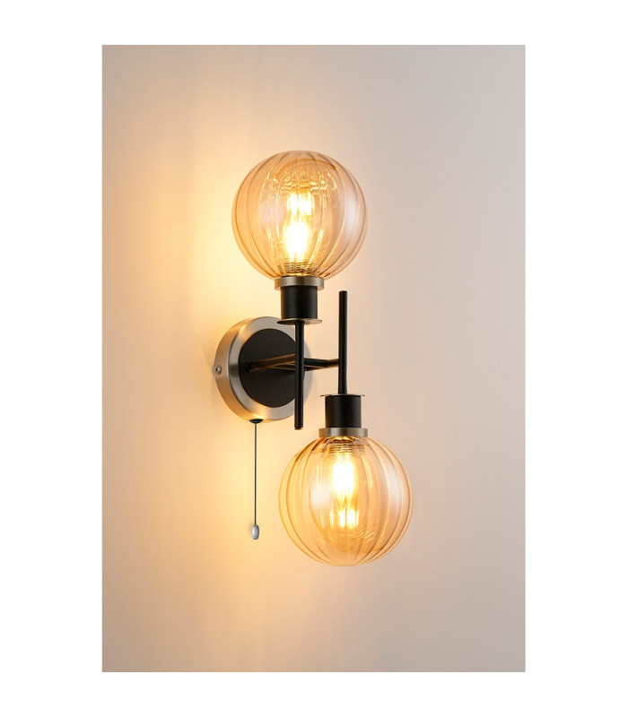 Plattsburgh Switched Wall Light 2 Light E14 IP44 15cm Round Segment Glass Shade Satin Nickel Amber Plated & Satin Black-3