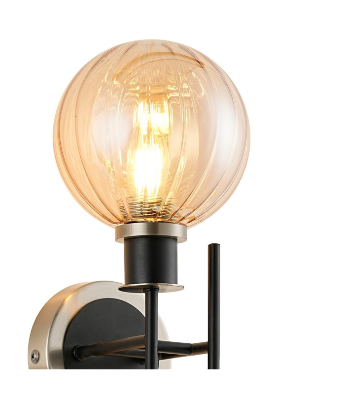 Plattsburgh Switched Wall Light 2 Light E14 IP44 15cm Round Segment Glass Shade Satin Nickel Amber Plated & Satin Black-5