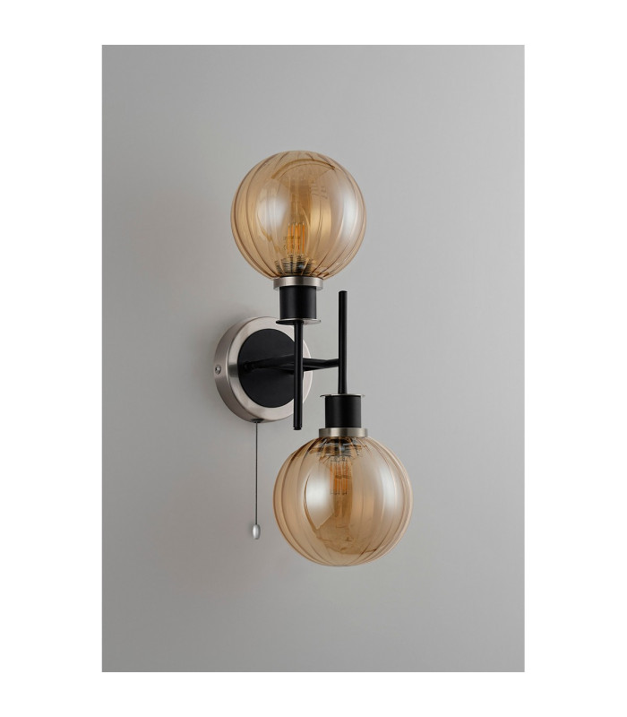 Plattsburgh Switched Wall Light 2 Light E14 IP44 15cm Round Segment Glass Shade Satin Nickel Amber Plated & Satin Black-7