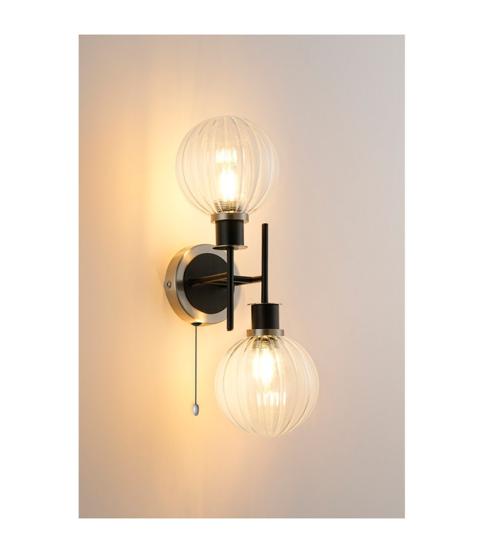 Plattsburgh Switched Wall Light 2 Light E14 IP44 15cm Round Segment Glass Shade Satin Nickel Clear & Satin Black-3