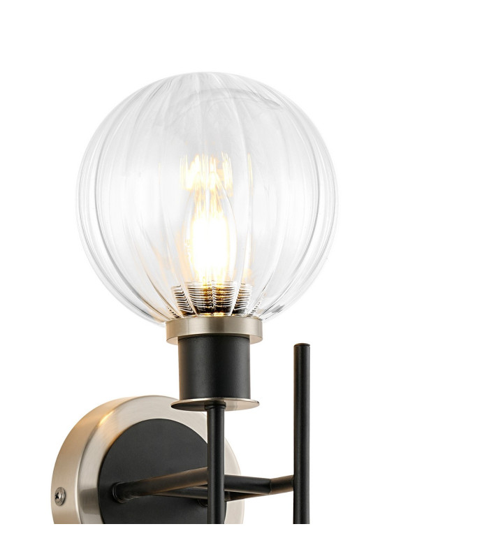 Plattsburgh Switched Wall Light 2 Light E14 IP44 15cm Round Segment Glass Shade Satin Nickel Clear & Satin Black-5