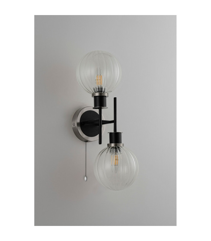 Plattsburgh Switched Wall Light 2 Light E14 IP44 15cm Round Segment Glass Shade Satin Nickel Clear & Satin Black-7