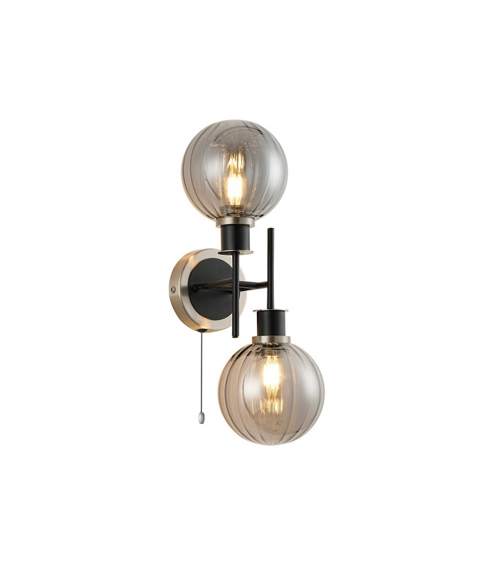 Plattsburgh Switched Wall Light 2 Light E14 IP44 15cm Round Segment Glass Shade Satin Nickel Smoke Plated & Satin Black-1