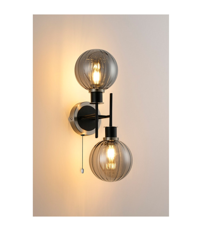 Plattsburgh Switched Wall Light 2 Light E14 IP44 15cm Round Segment Glass Shade Satin Nickel Smoke Plated & Satin Black-3
