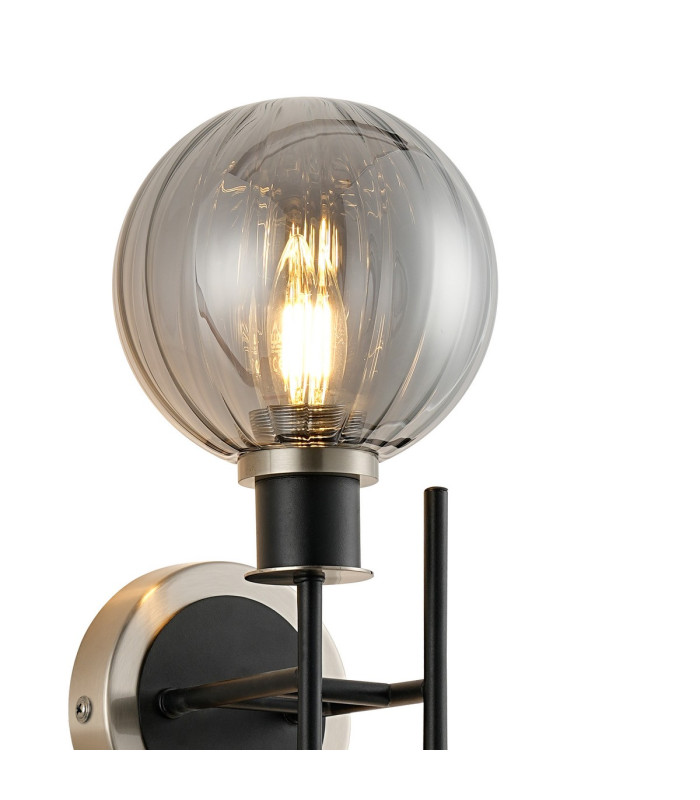 Plattsburgh Switched Wall Light 2 Light E14 IP44 15cm Round Segment Glass Shade Satin Nickel Smoke Plated & Satin Black-5