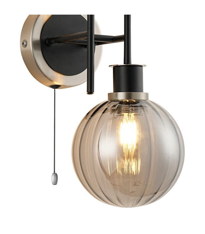 Plattsburgh Switched Wall Light 2 Light E14 IP44 15cm Round Segment Glass Shade Satin Nickel Smoke Plated & Satin Black-6