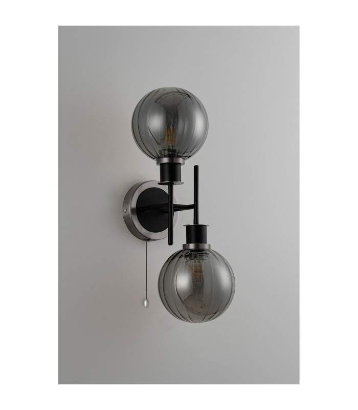 Plattsburgh Switched Wall Light 2 Light E14 IP44 15cm Round Segment Glass Shade Satin Nickel Smoke Plated & Satin Black-7