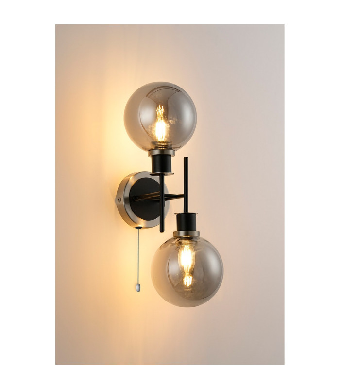 Plattsburgh Switched Wall Light 2 Light E14 IP44 15cm Round Glass Shade Satin Nickel Smoke Plated & Satin Black-3