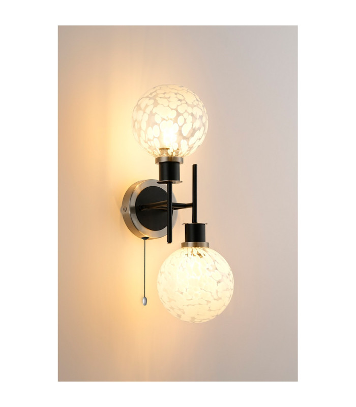 Plattsburgh Switched Wall Light 2 Light E14 IP44 15cm Round Speckled Glass Shade Satin Nickel White & Satin Black-3