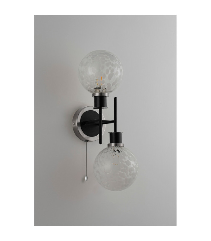 Plattsburgh Switched Wall Light 2 Light E14 IP44 15cm Round Speckled Glass Shade Satin Nickel White & Satin Black-7
