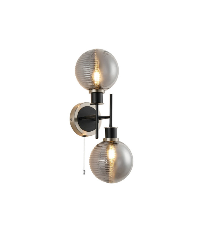 Plattsburgh Switched Wall Light 2x E14 IP44 15cm Round Textured Smooth/Ribbed Shade Satin Nickel Smoke Plated/Satin Black-1