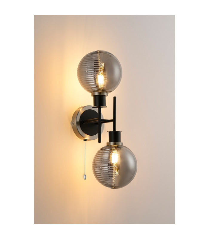 Plattsburgh Switched Wall Light 2x E14 IP44 15cm Round Textured Smooth/Ribbed Shade Satin Nickel Smoke Plated/Satin Black-3