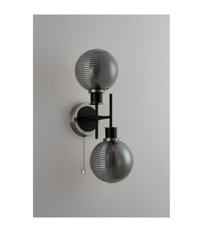 Plattsburgh Switched Wall Light 2x E14 IP44 15cm Round Textured Smooth/Ribbed Shade Satin Nickel Smoke Plated/Satin Black-7