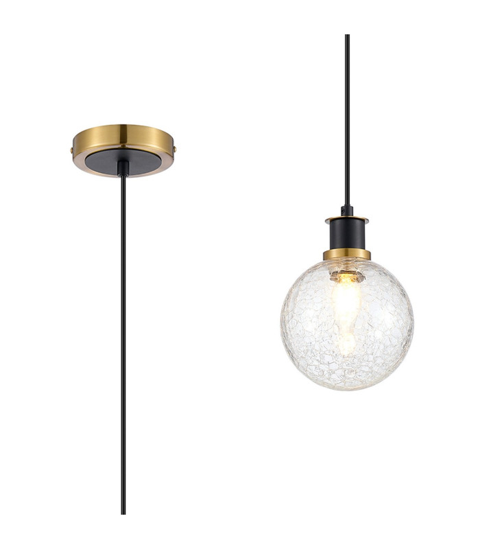 Plattsburgh 1.3m Pendant 1 Light E14 IP44 15cm Round Crackled Glass Shade Brass Clear & Satin Black-1