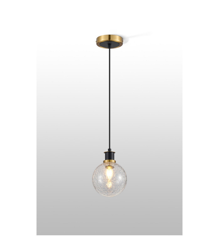 Plattsburgh 1.3m Pendant 1 Light E14 IP44 15cm Round Crackled Glass Shade Brass Clear & Satin Black-3