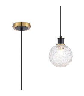 Plattsburgh 1.3m Pendant 1 Light E14 IP44 15cm Round Textured Crumple Glass Shade Brass Clear & Satin Black-1