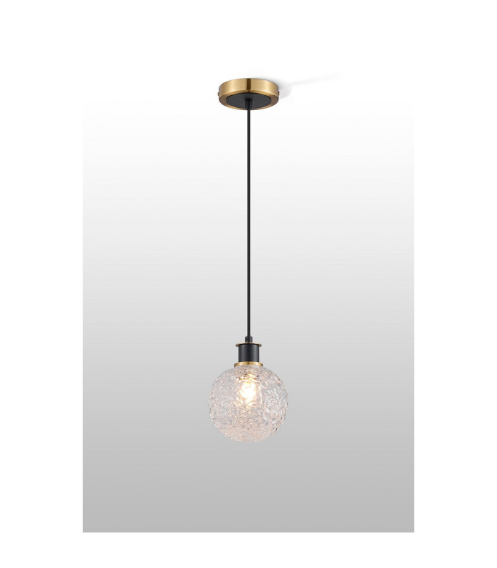 Plattsburgh 1.3m Pendant 1 Light E14 IP44 15cm Round Textured Crumple Glass Shade Brass Clear & Satin Black-3