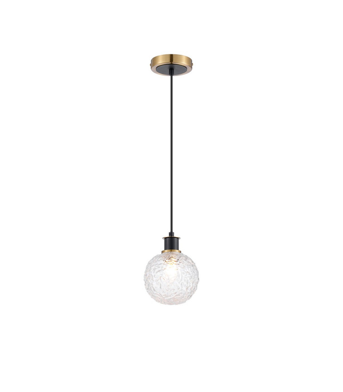 Plattsburgh 1.3m Pendant 1 Light E14 IP44 15cm Round Textured Crumple Glass Shade Brass Clear & Satin Black-4