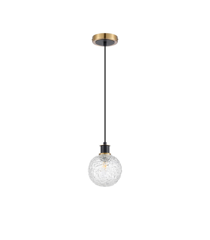 Plattsburgh 1.3m Pendant 1 Light E14 IP44 15cm Round Textured Crumple Glass Shade Brass Clear & Satin Black-5