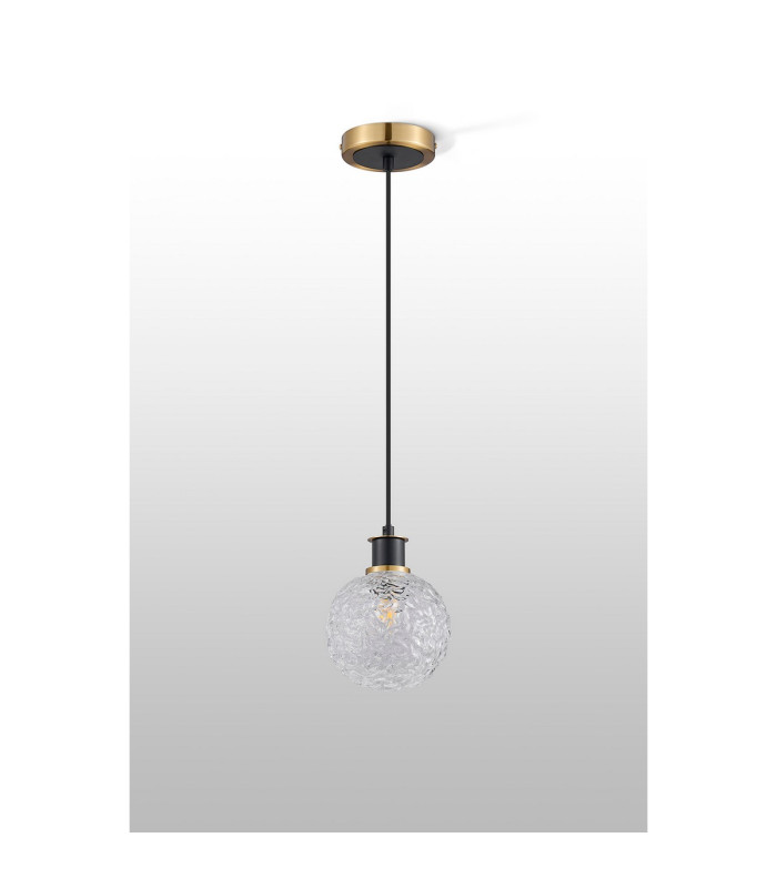 Plattsburgh 1.3m Pendant 1 Light E14 IP44 15cm Round Textured Crumple Glass Shade Brass Clear & Satin Black-8