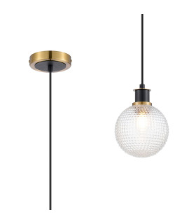 Plattsburgh 1.3m Pendant 1 Light E14 IP44 15cm Round Textured Diamond Pattern Glass Shade Brass Clear & Satin Black-1