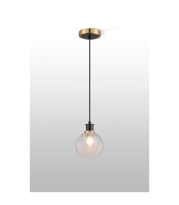 Plattsburgh 1.3m Pendant 1 Light E14 IP44 15cm Round Textured Diamond Pattern Glass Shade Brass Clear & Satin Black-3