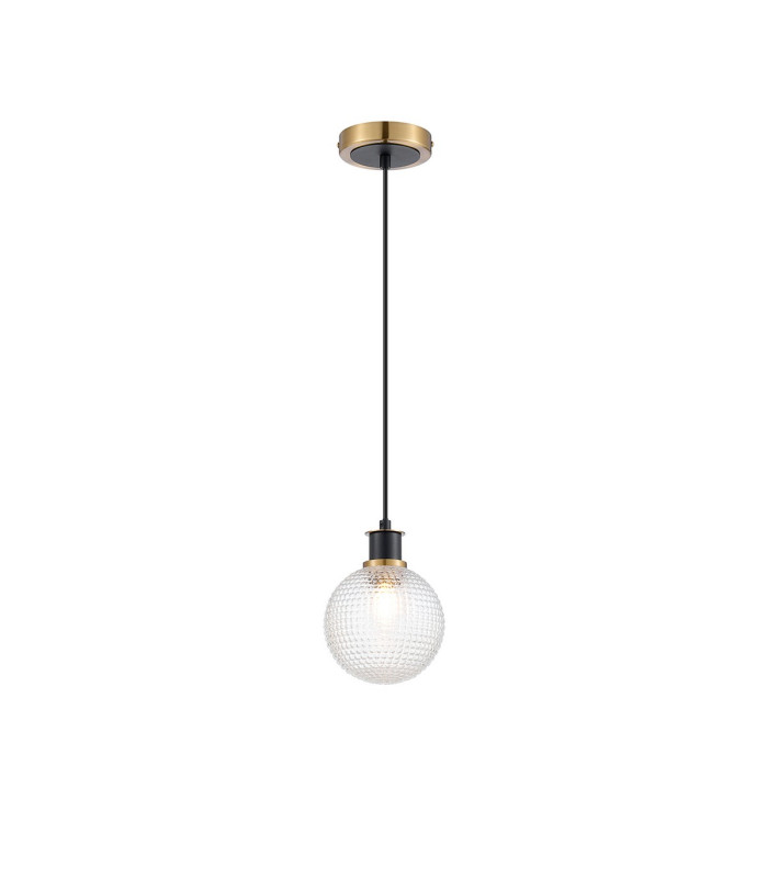 Plattsburgh 1.3m Pendant 1 Light E14 IP44 15cm Round Textured Diamond Pattern Glass Shade Brass Clear & Satin Black-4