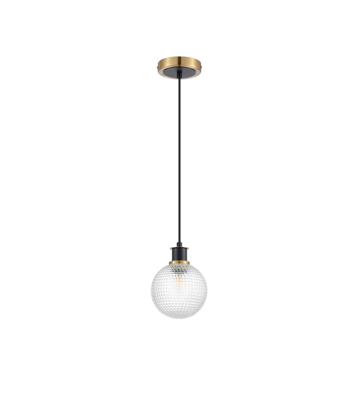 Plattsburgh 1.3m Pendant 1 Light E14 IP44 15cm Round Textured Diamond Pattern Glass Shade Brass Clear & Satin Black-5