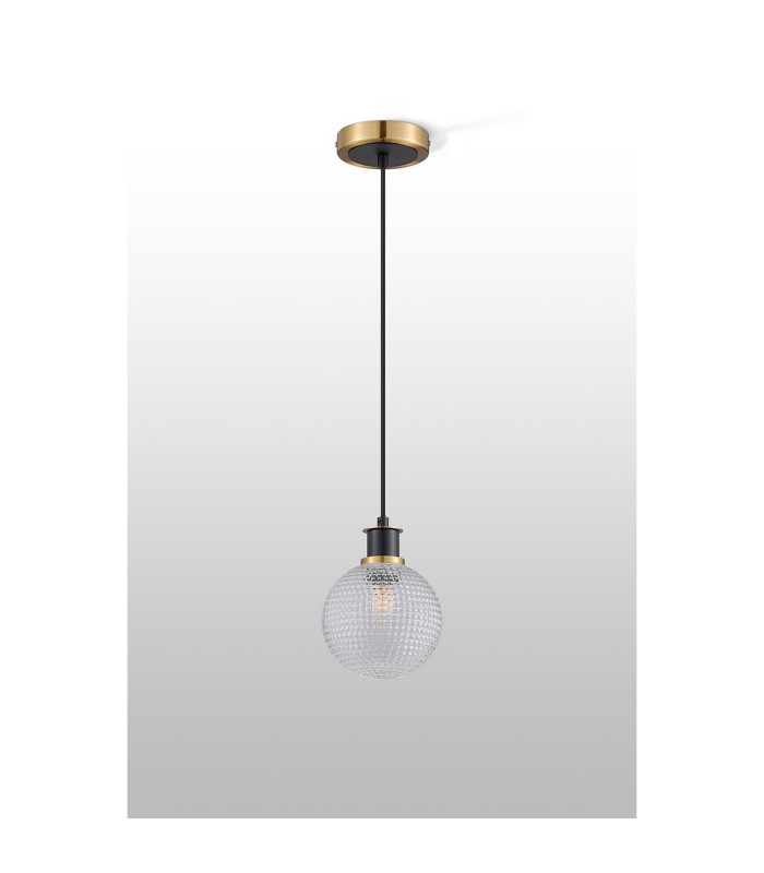 Plattsburgh 1.3m Pendant 1 Light E14 IP44 15cm Round Textured Diamond Pattern Glass Shade Brass Clear & Satin Black-8