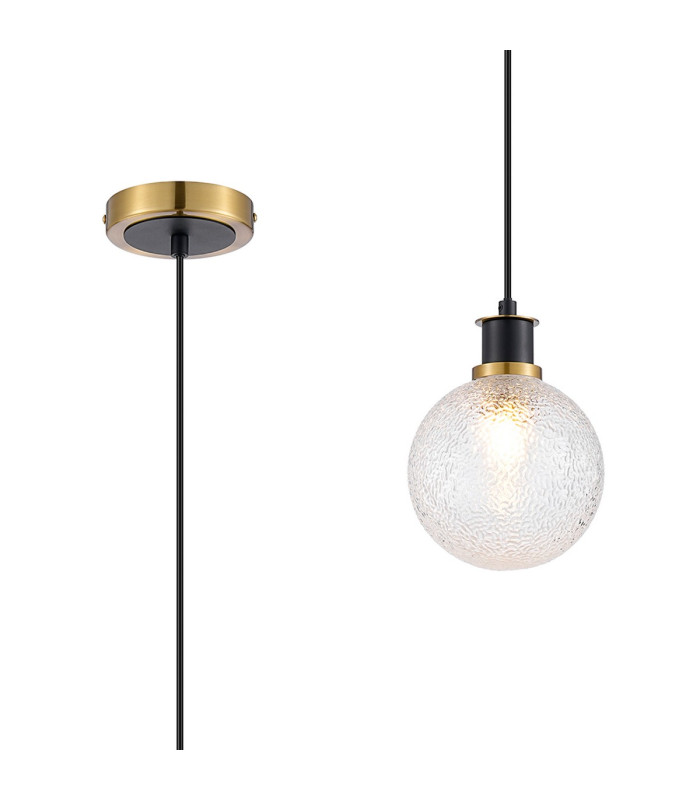 Plattsburgh 1.3m Pendant 1 Light E14 IP44 15cm Round Dimpled Glass Shade Brass Clear & Satin Black-1