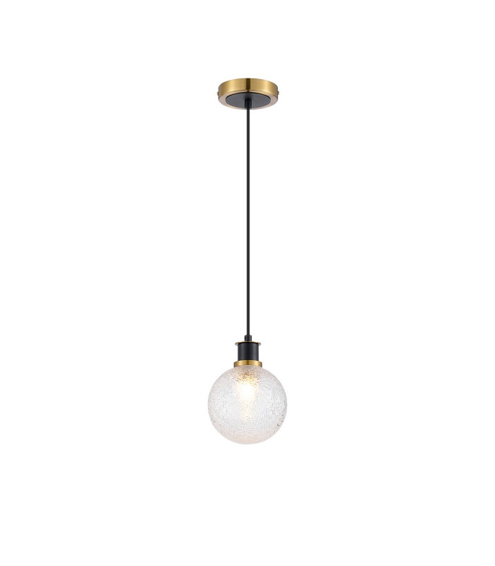 Plattsburgh 1.3m Pendant 1 Light E14 IP44 15cm Round Dimpled Glass Shade Brass Clear & Satin Black-4